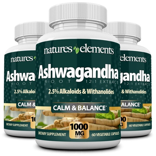 [BRSWGEAOBMGRM3DF] Natures Elements Ashwagandha Root – 12:1 Extract – 1000mg Per Serving – 3 Pack - 2.5% Withanolides & Alkaloids – 180 Veggie Caps – Stress & Energy Support – Non-GMO