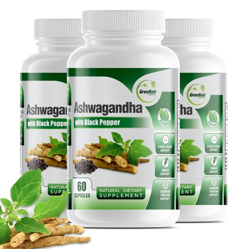 [BRSRMCQTOEDREELO] GreeNatr Organic Ashwagandha Capsules with Black Pepper for Enhanced Absorption - Mood Enhancer with Energy and Cognitive Function Support - 1300 mg Veggie Capsules (3 Bottles)