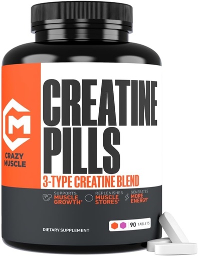 [BRSRAGA5BACAK237] Crazy Muscle Creatine Pills, 5g 3X Pure Creatine Monohydrate, Pre Workout Bulk Muscle Mass Gainer, High Absorption Easy to Take ThreeAtine 3 Type Optimum Performance for Lean Growth, 90 Tablets