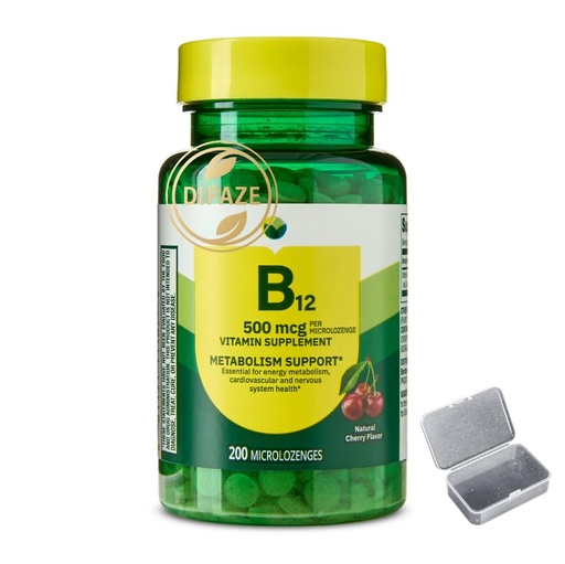 [BRSRGELRCVYGGDYZ] Spring Valley Sublingual Vitamin B12 Supplement, 500 mcg Microlozenges, Cherry Flavor, Supports Metabolism, 200 Count + Dipaze Gift (Container)