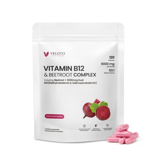 [BRSRGZT7DMHAEFLG] VELOTO Vitamin B12 1000 mcg Capsules, Methylcobalamin Form, Daily Vegan Supplement for Energy Metabolism and Nervous System Support, Clean Label Formula with Beetroot Extract, Non-GMO & Gluten Free