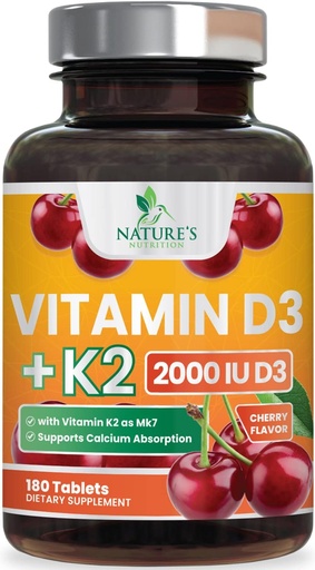 [BRSWYAIQDECQOHQ7] Vitamin D3 K2 2000 IU Plus with K2 (MK-7) 75 mcg - Vitamins D & K Complex Supplement for Bone, Teeth, Muscle, Calcium Absorption, Supports Immune & Heart Health, Non-GMO Chewable Formula - 180 Tablets