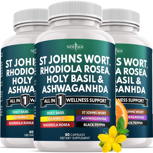 [BRSREFAKOB4AM2TF] NEW AGE St Johns Wort, Rhodiola Rosea, Holy Basil, Ashwagandha - Support for Women and Men with Vitamin C & Black Pepper Extract - 180 Count