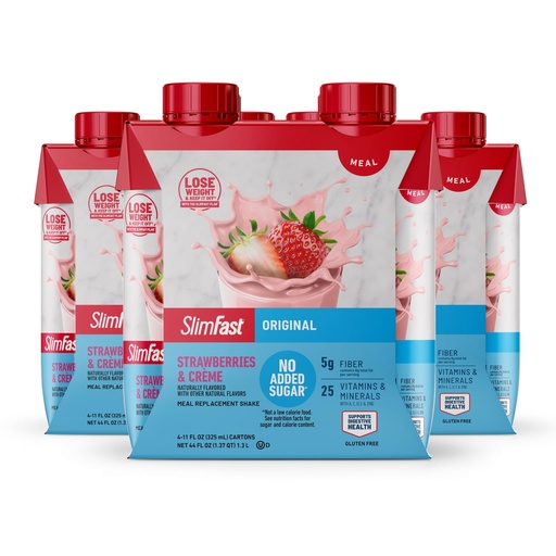 [BRSREBT4CR6RY3D3] SlimFast Meal Replacement Shake, Original Strawberries & Crème, No Added Sugar, Meal Replacement Shakes, 10g Ready to Drink Protein, 5g Fiber, 25 Vitamins and Minerals, 11 Fl. Oz, 12 Count
