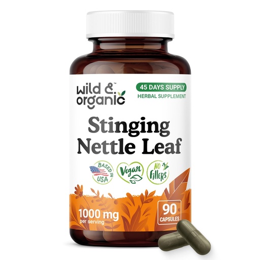 [BRSRAHA3BMNWYEQ2] Wild & Organic Stinging Nettle Leaf Capsules - 1000 mg Stinging Nettle Extract - 90 Vegan Herb Capsules - 45 Days Supply - Vegan, No Fillers