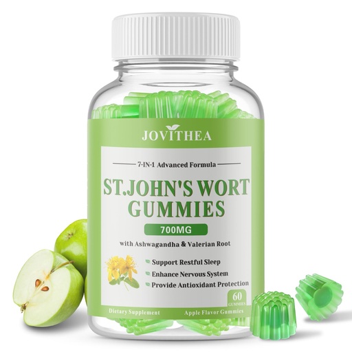 [BRSREYAOOYNQIHYZ] St John's Wort Gummies 700mg, Natural Herbal Supplement for Adults & Kids, Support Calm, Relaxation & Brain Health, Vegan, Non-GMO, Gluten Free, Apple Flavor, 60 Count