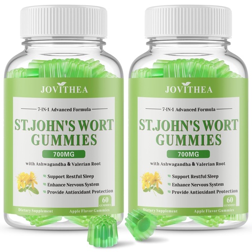[BRSREZTRDMHQEET4] 2 Pack St John's Wort Gummies 700mg, Natural Herbal Supplement for Adults & Kids, Support Calm, Relaxation & Brain Health, Vegan, Non-GMO, Gluten Free, Apple Flavor, 120 Count