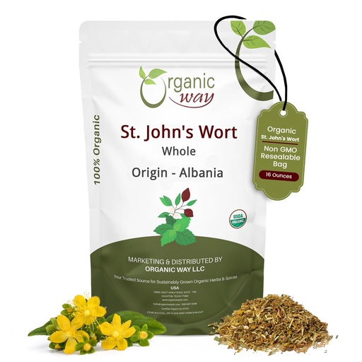[BRSWYHT3PJ6QI2A7] Organic Way St. John's Wort Whole (Hypericum perforatum) - Herbal Tea | European Wild-Harvest | Organic, Kosher & USDA Certified | Vegan, Non GMO & Gluten Free | Origin - Albania (1LBS / 16Oz)