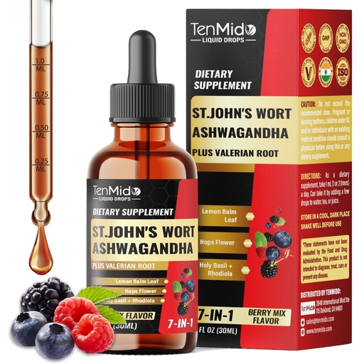[BRSREGAYDEPREDLU] St Johns Wort Tincture - Liquid Herbal Extract Supplements - 7in1 with Ashwagandha, Valerian, Lemon Balm, Hops Flower, Holy Basil, Rhodiola Rosea - 30ml 1 Fl Oz