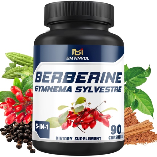 [BRSRMZD4BEFAKA3U] BMVINVOL 5-in-1 Berberine Supplement with Ceylon Cinnamon, Gymnema Sylvestre, Bitter Melon & Black Pepper - (90 Count)