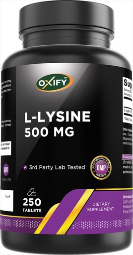 [BRSREAAOB56GG3L7] Oxify L-Lysine 500 mg | 250 Tablets | Gluten-Free, Non-GMO | Supplement Made in USA