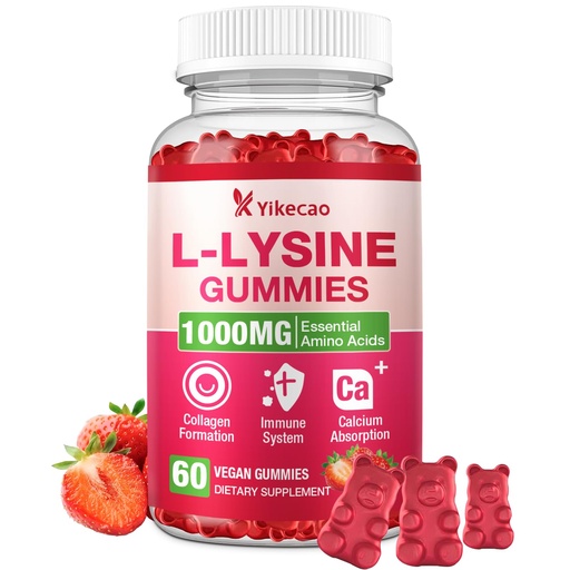[BRSREHYCAV4GA23U] L-Lysine 1000mg Gummies, Chewable Lysine Supplement for Lips & Skin, Immune Support, Essential Amino Acid, Non-GMO, Vegan, Gluten Free, Sugar-Free, Strawberry Flavor, 60 Count