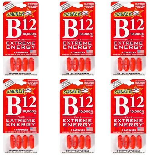 [BRSRGBAKDMFBGA34] Stacker B12 Extreme Energy Capsule 10,000 RDA Vitamin B Complex B12 B6 B3 B7- Vegansafe & Vegan Cyanocobalamin, B6 Pyridoxine - B7 Biotin B3 Niacinamide (Niacin)