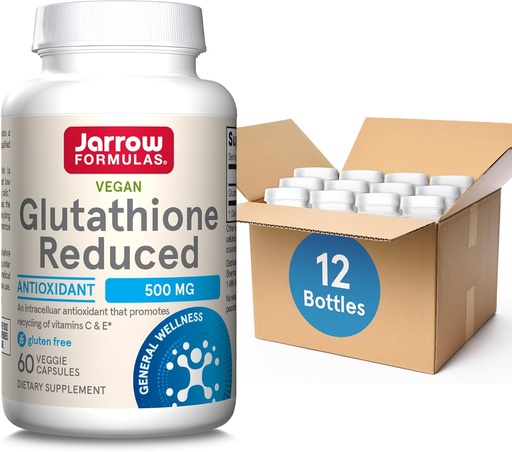 [BRSROH35OINQ2GQZ] Jarrow Formulas Glutathione Reduced 500mg- 60 Veggie Capsules- Intracellular Antioxidant- Quality Glutathione Supplements- Supports Recycling of Vitamins C & E- Non-GMO- Gluten Free- Vegan, Pack of 12