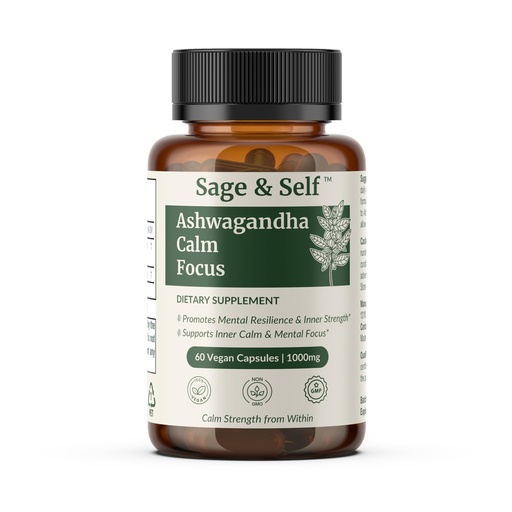 [BRSREEA3BADWAA3B] Sage & Self Ashwagandha Calm Focus Capsules – Withania Somnifera Root Extract with Black Pepper – 1000 mg Per Serving – Vegan Herbal Supplement (60 Capsules)