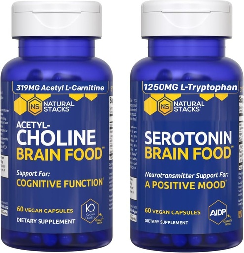 [BRSRMBDQOAFRYHQ3] NATURAL STACKS Acetylcholine Brain Food & Serotonin Brain Food Bundle - Supports a Positive Mood & Cognitive Function* - 120 Total Capsules