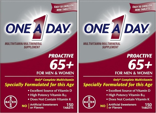 [BRSRAY35DMPGKCT3] יום אחד Proactive 65+, Mens & Womens Multivitamin, תוספת עם ויטמין A, ויטמין C, ויטמין D ו- Zinc for Immune Health Support *, Calcium, Folic Acid & More, Tablet 150 Count (Pack of 2)