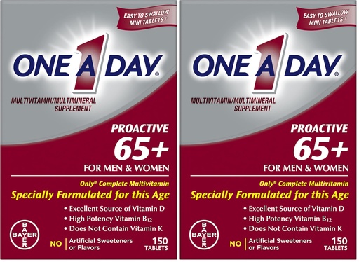 [BRSRAY35DMPGKCT3] ONE A DAY Proactive 65+, Mens & Womens Multivitamin, Supplement with Vitamin A, C, D, and Zinc to Support Bone Health & Cell Health, Calcium, Folic Acid, Tablet 150 Count (Pack of 2)