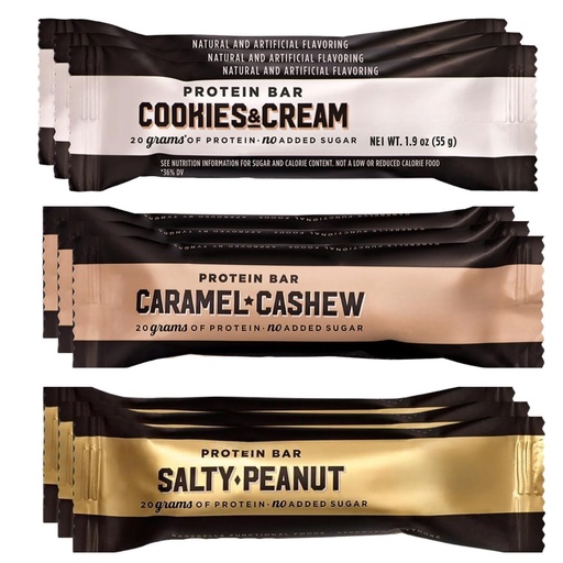[BRSRGA37OB5QYCLB] BarbeIIss - High-Protein Snack Bars – Protein Bar Variety Pack (9 Count), 20g Protein, No Added Sugar, Cookies & Cream, Salty Peanut, Caramel & Cashew
