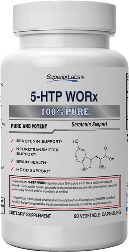 [BRSWYHT5PIORUFDB] Superior Labs – 5-HTP Worx - 150 mg Pure 5-HTP Plus Potent Serotonin Blend - 90 Vegetable Capsules - Serotonin Amplification - Neurotransmitter Support - Brain Health - Mood Support