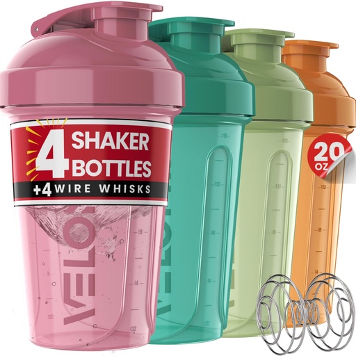 [BRSREYIBDIHAEALJ] VELOMIX -4 PACK- 20 oz Protein Shaker Bottle for Protein Mixes - 4x Wire Whisk | Leak Proof Shaker Cups for Protein Shakes | Stackable Protein Shaker Bottle Pack | Dishwasher Safe (Blush Wave)