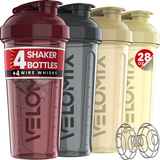 [BRSRAC35CN7Q4H34] VELOMIX 4 Pack 28 oz Protein Shaker Bottle for Mixes - 4 Wire Whisk Balls | Leak Proof Cups for Supplements | BPA-Free Gym & Fitness (Burgundy Pack)
