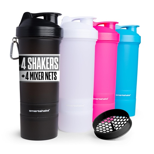 [BRSRGBATPIIA43IZ] Smartshake Original 4 Pack 800 ml/27 oz Protein Shaker Bottle | Silent Mixing, Leak-Proof Shaker Bottle | Shaker Cups For Protein Shakes | Gym Shaker Bottle | 4 Pack, Black, White, Pink, Blue