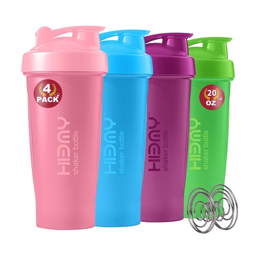 [BRSRECAPBF5BE3TJ] [ 4 Pack 600 ml | 20 oz Protein Shaker Bottles for Protein Mixes, 4 x Whisk Ball | Shaker Cups for Protein Shakes | BPA Free, 100% Leak Proof | Shake Bottle (B) Pink/Blue/Purple/Green