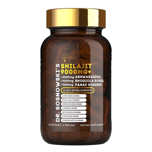 [BRSRAA35DMCQMHTH] Dr Sosnowski's BioActive Shilajit Blend with Ashwagandha, Rhodiola Rosea, Lions Mane, Panax Ginseng, Royal Jelly, Ginkgo Biloba, Turmeric, Bee Propolis, Cordyceps & Stinging Nettle | 60 Capsules