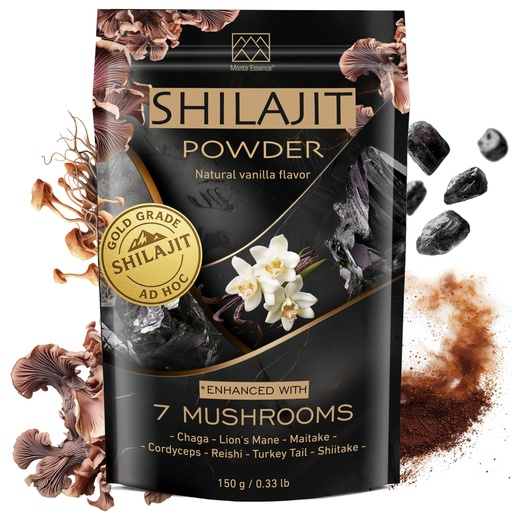 [BRSROAIOPMAQAFLA] Gold Shilajit Powder & 7 Mushroom Complex – Energy, Focus & Brain Support – Lion’s Mane, Chaga, Reishi, Cordyceps, Turkey Tail – Vanilla Flavored – 150g, 2000mg/Serving – Vegan, Non-GMO, No Fillers