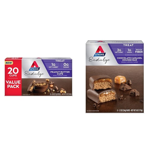 [BRSROAIKC4BRQAIZ] Atkins Endulge Peanut Butter Cups, Dessert Favorite, Low Carb, 0g Sugar, 20 Count & Endulge Chocolate Caramel Mousse Bar, Dessert Favorite, 1g Sugar, High in Fiber, 5 Count