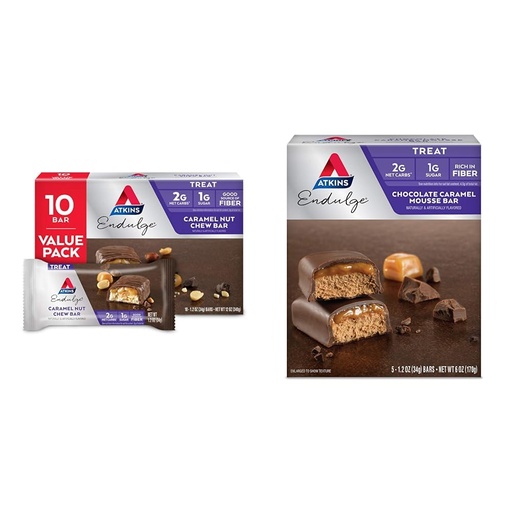 [BRSROBL3DIFWKEY2] Atkins Endulge Caramel Nut Chew Bar, Dessert Favorite, 1g Sugar, Good Source of Fiber, Low Sugar, 10 Count & Endulge Chocolate Caramel Mousse Bar, Dessert Favorite, 1g Sugar, High in Fiber, 5 Count