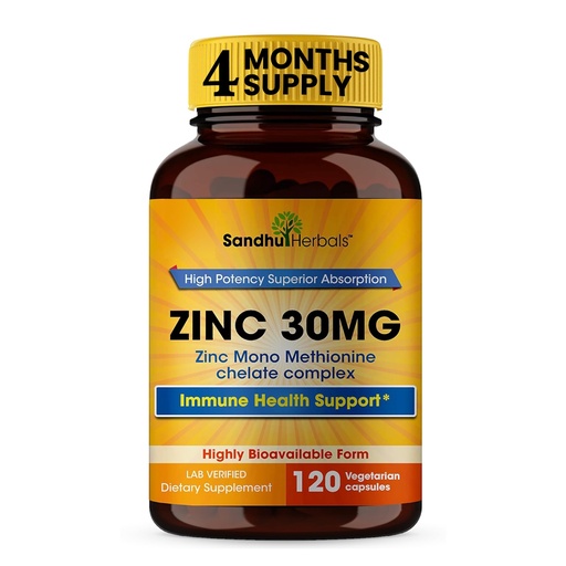 [BRSWYZL3CMCGOCQ2] SANDHUHERBALS Zinc 30mg Capsules for Men & Women | 120 Count (Pack of 1) | Zinc Supplements for Immune & Antioxidant Support | Zink 30 mg Supplement Supports Skin Health