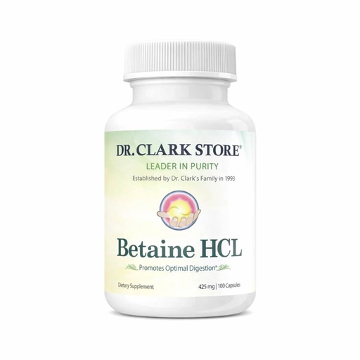 [BRSWIZQ2CMAWKCI5] Dr. Clark Betaine HCL Digestive Enzymes - Acid Reflux Medicine, Hydrochloric Acid Protein Supplement, Optimal Digestion Formula, 100 Gelatin Capsules, 425 mg