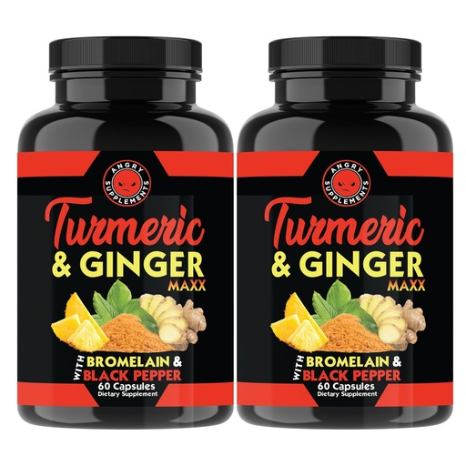[BRSREZD6CIAQA3LF] Angry Supplements Turmeric Ginger Maxx 60 Capsules w. Turmeric, Ginger Root, Omega 3, Bromelain, Quercetin & Black Pepper Extract – Wellness & Antioxidant for Men & Women (2-Bottles)