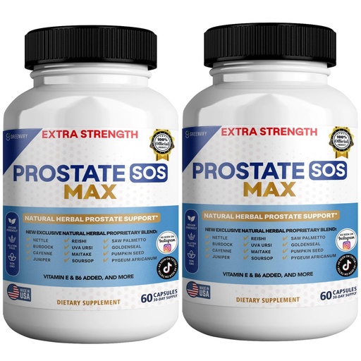 [BRSREHANAACR6CD3] Prostate SOS Max Supplement, 60 Capsules, Natural Herbal Complex with Saw Palmetto, Vitamin E, B6, 30-Day Supply (2)