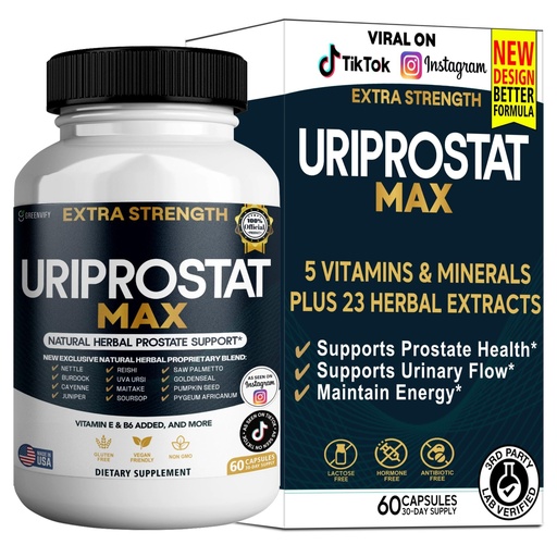 [BRSREBLYCF5WAHT4] Uriprostat Max Extra Support, 60 Capsules, Natural Herbal Complex with Saw Palmetto, Vitamins E & B6, 30 Day Supply (1)