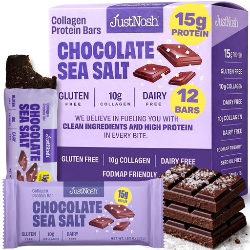 [BRSREH37OQCRQD32] JUSTNOSH Chocolate Sea Salt Collagen Protein Bars – 15g Protein, 10g Collagen | Gluten & Dairy Free, Low FODMAP, Seed Oil Free (12 Pack)