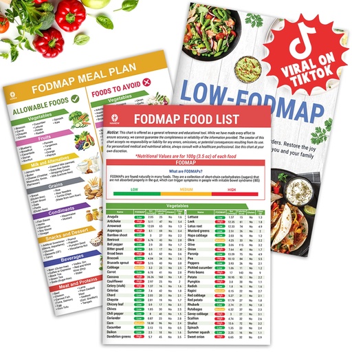[BRSRAAQFCUDQGG3H] HAMIEW Set 3 Low FODMAP Food List Chart & Meal Plan for IBS, SIBO, Bloating – Laminated Diet Guide w/Serving Size, Net Carbs, Calories, Gluten, Fiber – Elimination Diet Recipes for Beginners