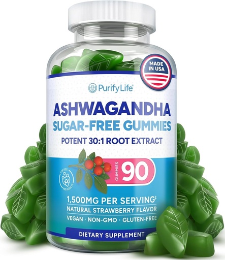 [BRSWYCQTPMBQ4G3U] Sugar-Free Ashwagandha Gummies for Stress, Sleep & Mood Support - High-Potency 30:1 Ashwagandha Supplement Extract - Vegan Adaptogen Supplement for Women & Men, Natural Flavor, Plant-Based, 90 Gummy
