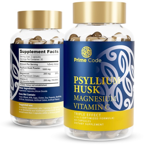 [BRSRAFQTPN6WKFLV] Prime Code [ 3 𝐢𝐧 𝟏] Psyllium Husk Capsules with Magnesium Citrate and Vitamin C | Psyllium Husk Capsules 1000mg | Magnesium Citrate 200mg | Vitamin C 250mg | Non-GMO | Gluten & Soy Free | Vegan