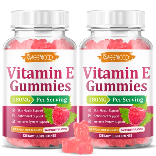 [BRSRGZ33O4FGC33A] 2 Pack Vitamin E Gummies, 180 mg (400 IU) dl-Alpha, Daily Skin Support | Sugar-Free, Vegan, Non-GMO, Raspberry Flavor, 120 Count