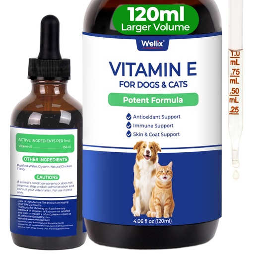 [BRSRGBANCB6R42D3] Wellix 4.06 fl oz Vitamin E Drops for Dogs & Cats - Liquid Vitamin E for Healthy Skin & Coat, Immune Support, Antioxidant Defense - Chicken Flavor Pet Vitamins and Supplements for All Breeds