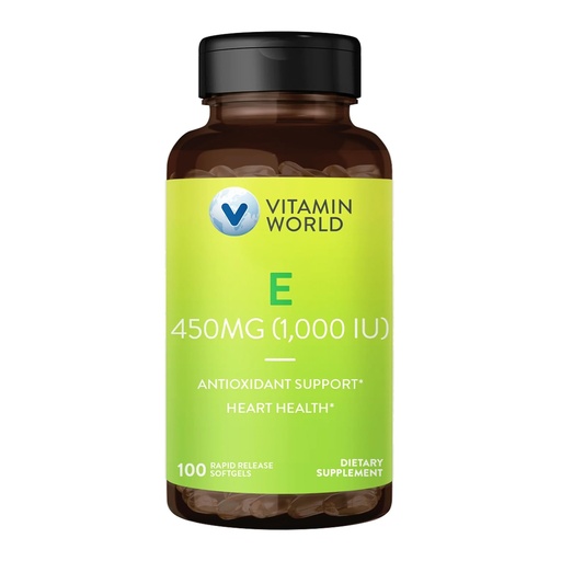[BRSWGGINBMMQEHI6] Vitamin World Vitamin E 1000 IU Softgels, 450mg dl-Alpha, 1 Softgel Daily, Supports Antioxidant Protection and Heart, Immune & Skin Health, Gluten-Free, 100 Servings