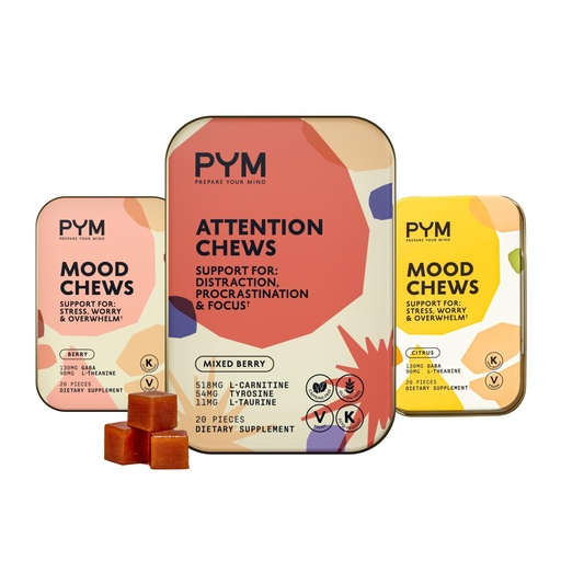 [BRSRGGA2BUFGOGQZ] PYM Mood & Focus Chews Variety Pack, 60 Count | Berry & Citrus Mood Chews + Attention Chews | GABA, L-Theanine, L-Carnitine | Vegan, Non-GMO, Caffeine-Free