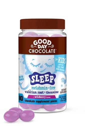[BRSW2FIYOINQYD32] Good Day Chocolate Natural Valerian Root for Kids, Herbal Sleep Aid Supplement, Organic Wildberry Flavor, Fair Trade and Non-GMO Chocolate, L-Theanine, 80 Pieces