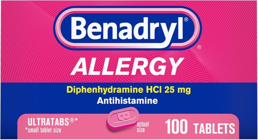 [BRSWIFIIPIEAEEI7] Benadryl Ultratabs Alergija Medicine, 25 mg Difenhidramin HCl Antihistaminiki Tablete za hladno in alergija Relief simptomov, kot so Sneesing, Runny Nose, Srbeče oči in grlo, Hay Fever, 100 Count Tablets