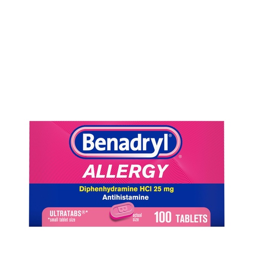 [BRSWIFIIPIEAEEI7] Benadryl Ultratabs Allergy Medicine, 25 mg Diphenhydramine HCl Antihistamine Tablets For Cold & Allergy Relief of Symptoms Like Sneezing, Runny Nose, Itchy Eyes & Throat, Hay Fever, 100 Count Tablets