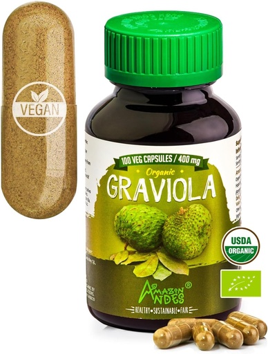 [BRSWGBL4CIMR4DLZ] Andes Graviola Capsules - 富含维生素C和纤维 - 免疫系统刺激剂 - 健康细胞功能 - Vegan,非转基因生物,无胶质,公平贸易认证 - 100 Soursop Pills (400毫克)