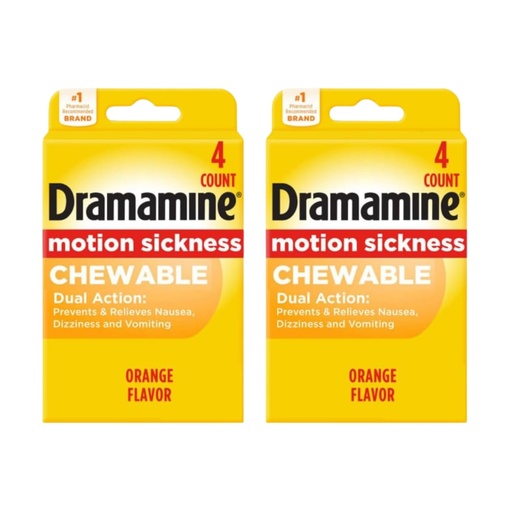 [BRSROZYQBYAWMFIY] Dramamine Motion Sickness Relief, Chewable, Prevents and Relives Nausea, Dizziness & Vomiting, Orange Flavor, 4 Count (Travel & Trial Size) (Pack of 2)